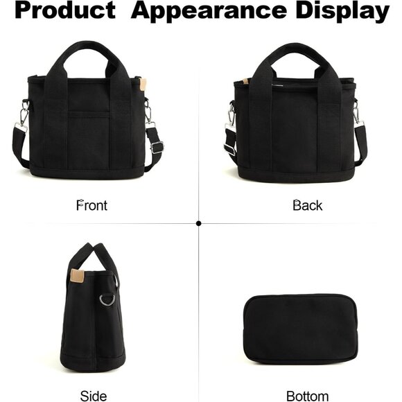 Women's Black Canvas Tote Bag With Multi Pockets Mini Shoulder Bags With Zipper - Picture 3 of 6